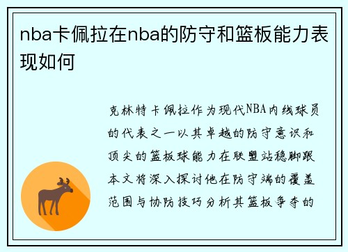 nba卡佩拉在nba的防守和篮板能力表现如何